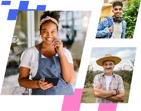 Três fotos de pessoas diferentes. À esquerda, uma mulher com avental, sorrindo e segurando um tablet. Acima à direita, um jovem de camisa e fones no pescoço. Abaixo, um homem de camisa xadrez e chapéu de palha, braços cruzados.